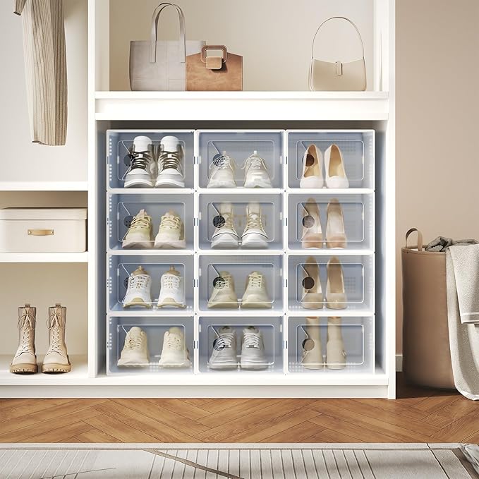 DUMOS 12-Pack Shoe Storage Boxes, Clear Shoe Containers with Lids, Stackable Sneaker Case Organizer for Closet, Under Bed, Entryway,White (Fit Size 9)