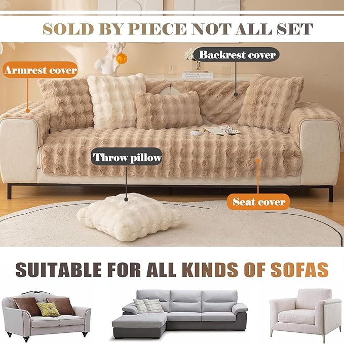 Soft Warm Faux Fur Couch Sofa Cover Thick Shaggy Fuzzy Sectional Couch Cover Non-Slip Solid Color Plush Sofa Slipcover Furniture Protector for Kids, Pets (Coffee,36"x94")