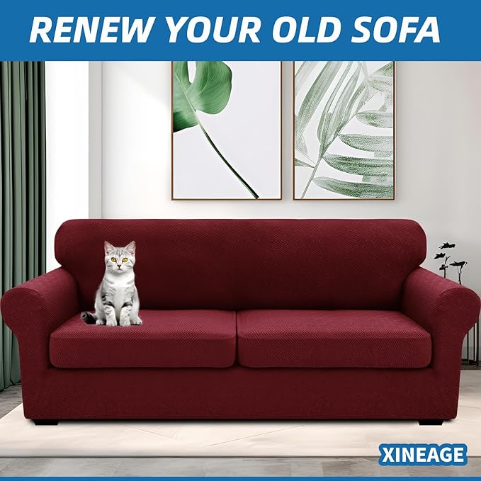 XINEAGE 2025 New 3 Pieces Couch Covers for 2 Extra Large Cushion Sofa Super Stretch Sofa Cover for 2 Large Seat Universal Loveseat Slip Cover for Living Room (Wine Red), 71"-91"(2 Cushions)