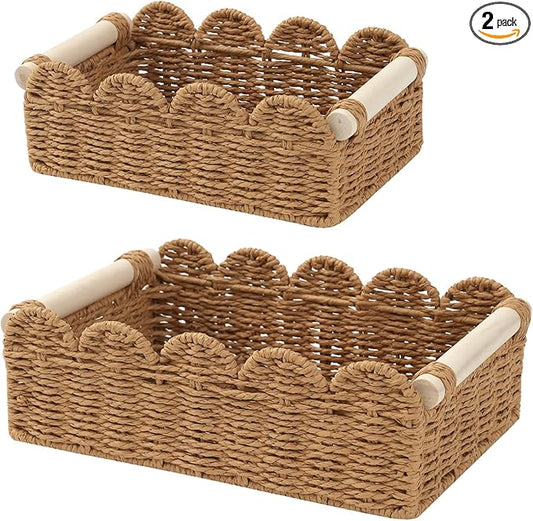 2-Pack Wicker Storage Baskets, Small & Big Scalloped Laundry Baskets for Shelves, Boho Bathroom Decor Organizer with Handles for Toilet Paper, 11.8x7.9x3.9 & 9.8x5.9x3.5 Inch