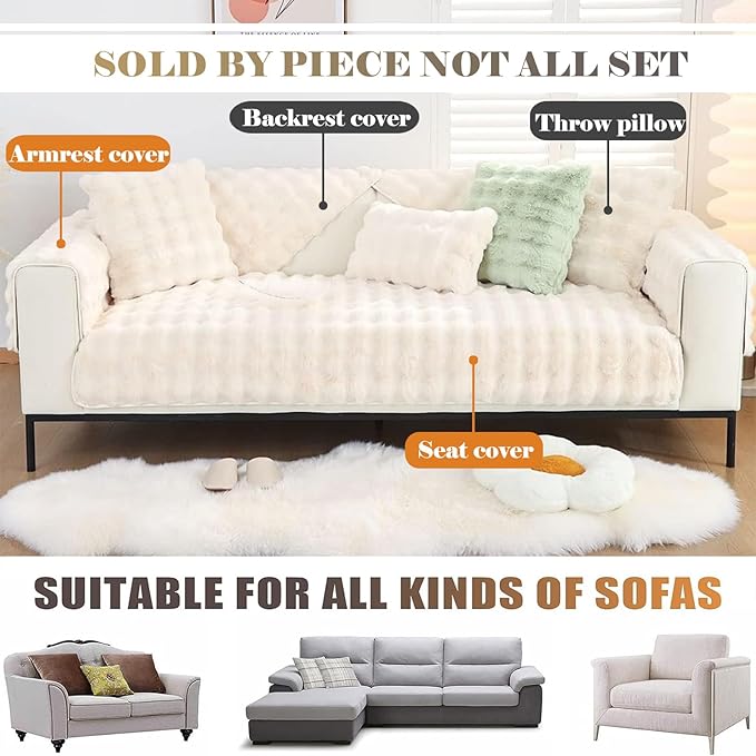Soft Warm Faux Fur Couch Sofa Cover Thick Shaggy Fuzzy Sectional Couch Cover Non-Slip Solid Color Plush Sofa Slipcover Furniture Protector for Kids, Pets (Cream,36"x47")