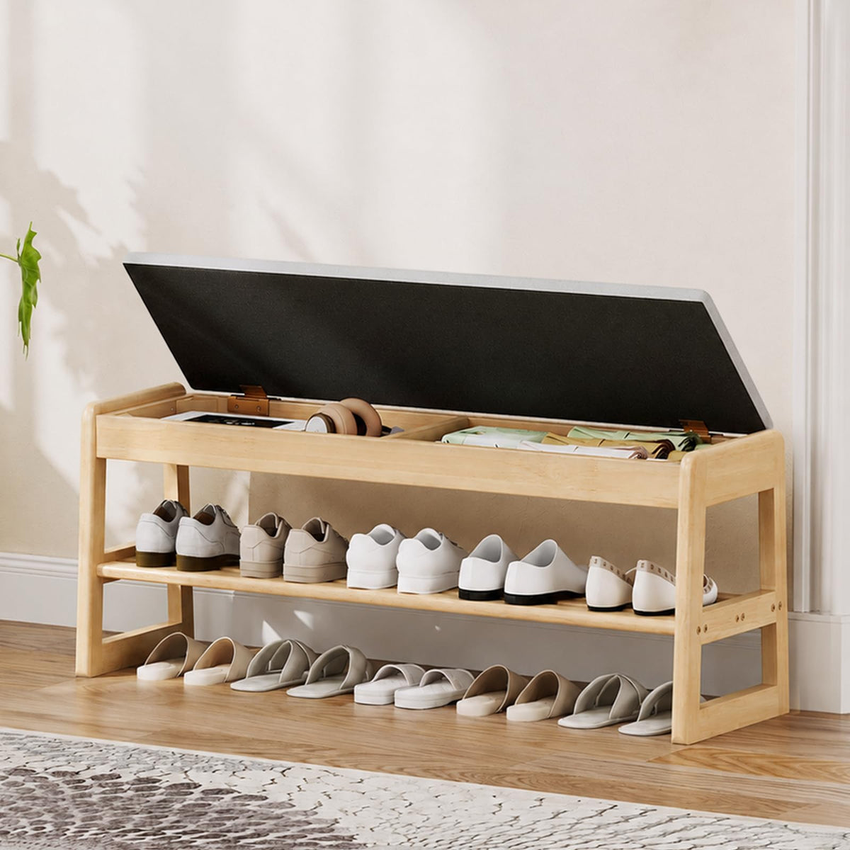 Solid Wood Shoe Rack Bench Entryway 2‑Tier with Hidden - Image 1