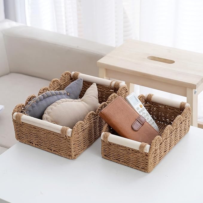 2-Pack Wicker Storage Baskets, Small & Big Scalloped Laundry Baskets for Shelves, Boho Bathroom Decor Organizer with Handles for Toilet Paper, 11.8x7.9x3.9 & 9.8x5.9x3.5 Inch