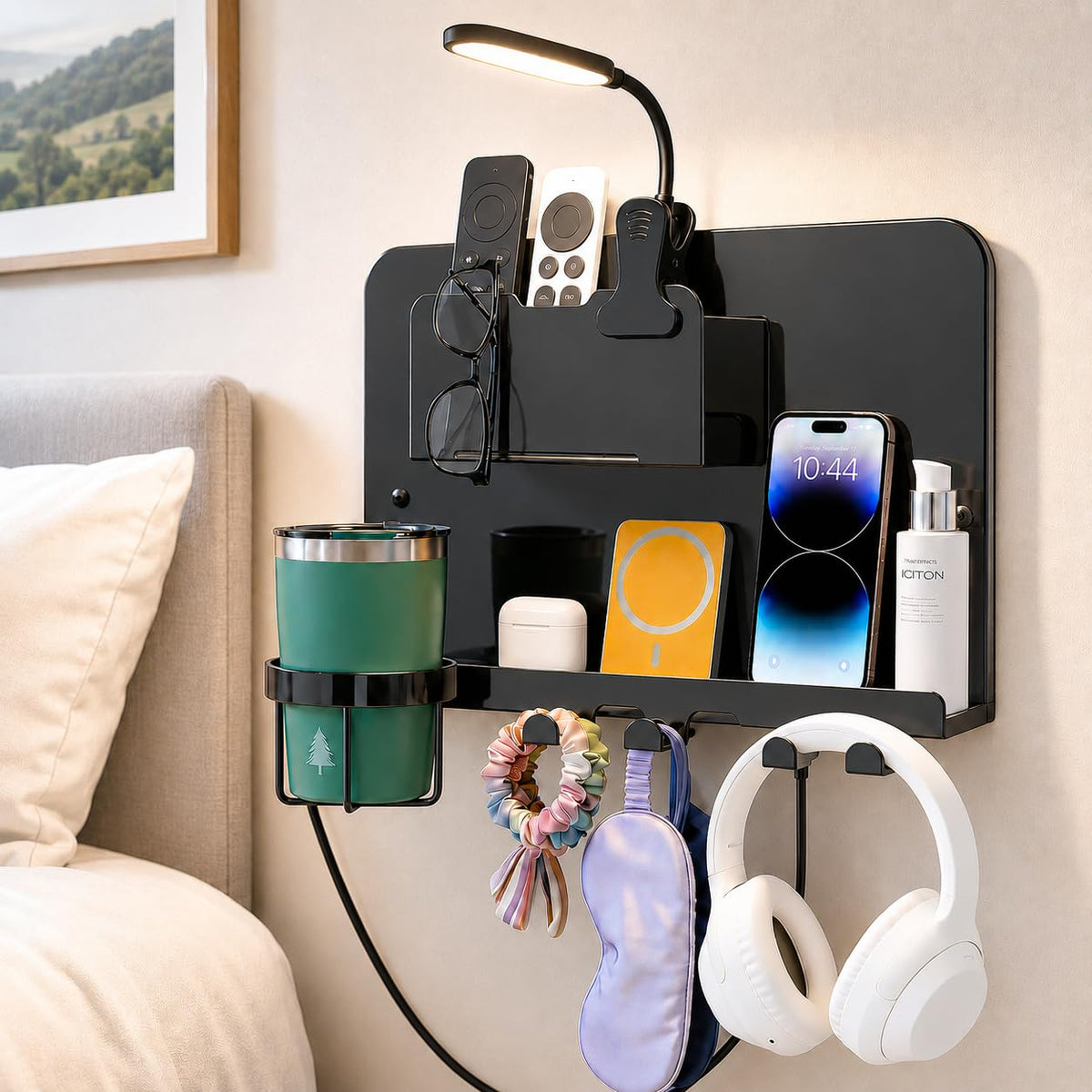Floating Bedside Wall Shelf, Metal Wall Organizer with Detachable - Image 1