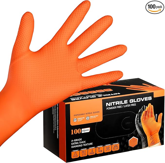 10 Mil Nitrile Gloves for Working, Cleaning, Cooking, 100 PCS Chemical Resistant Heavy Duty Disposable Orange Nitrile Gloves Work, Medium, Latex Free, Industrial Camping Essentials