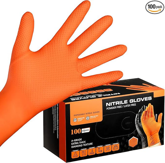 10 Mil Orange Nitrile Gloves XL, 100 PCS Heavy Duty Chemical Resistant Oil Resistant Mechanics Disposable Work Gloves for Cooking, Washing Dishes, Gardening, Cleaning, Painting