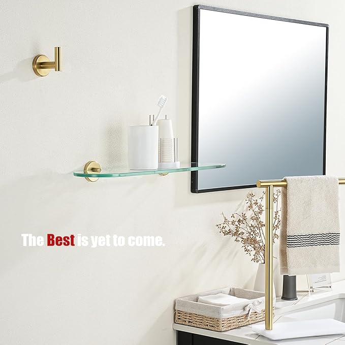 JQK Bathroom Glass Shelf, Floating Tempered Glass Shower Storage 20 by 5 inches, 304 Stainless Steel Brushed Gold Wall Mount 2 Pack 2 Pack, TGS121L20-BG-P2