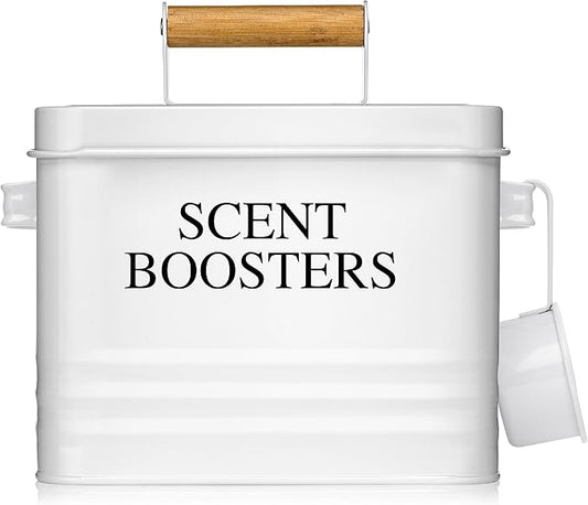Calindiana Modern Farmhouse Metal Laundry Scent Booster Beads Dispenser Container with Scoop for Laundry Room Decor and Accessories and Space Saving Laundry Room Organization and Storage, White