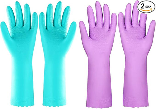 Elgood Reusable Dishwashing Cleaning Gloves with Latex free, Cotton lining,Kitchen Gloves 2 Pairs,Purple+blue large