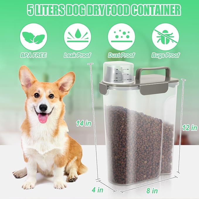5-7LBS Upgraded Large Nozzle Cat Dog Food Storage Container BPA-free, Airtight Pet Food Storage Bin with 4 Lock Buckles, Sealing Gasket, Cup for Pet Food, Dog Treats, Rice, Flour, Dry-Crey