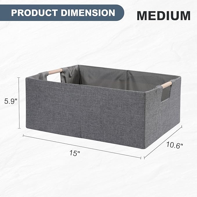 ANMINY 2PCS Storage Baskets for Organizing Collapsible Fabric Storage Bins Boxes with Wood Handles Closet Shelves Cube Organizer Bins Clothes Laundry Storage Container - Medium, Gray