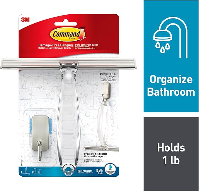 Command Bath Shower Small Water-Resistant Adhesive, Satin Nickel, 1 lb Capacity, 1 Squeegee & Large Wall Hooks, Damage Free Hanging Wall Hooks with Adhesive Strips, No Tools Double Wall Hooks