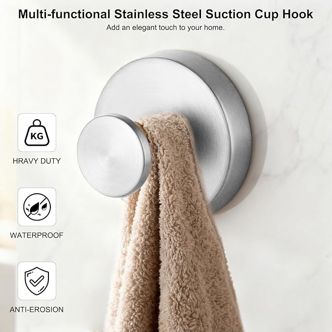 Suction Cup Hooks Applicable Shower No-Drill Bathroom Hooks for Towels, Ornament，Robes, Loofah Mountable on Bathroom Walls, Kitchen, Glass, Mirrors, Tile and Smooth,Non-Porous Surfaces (Silver 2pcs)