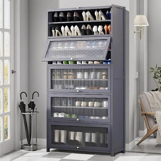Tall Shoe Cabinet with Acrylic Doors, 10-Tier Large Capacity Bamboo Shoe Cabinet, 40-45 Pairs Freestanding Shoe Rack & Shoe Organizer for Closet Entrance, Hallway, Living Room, Bedroom
