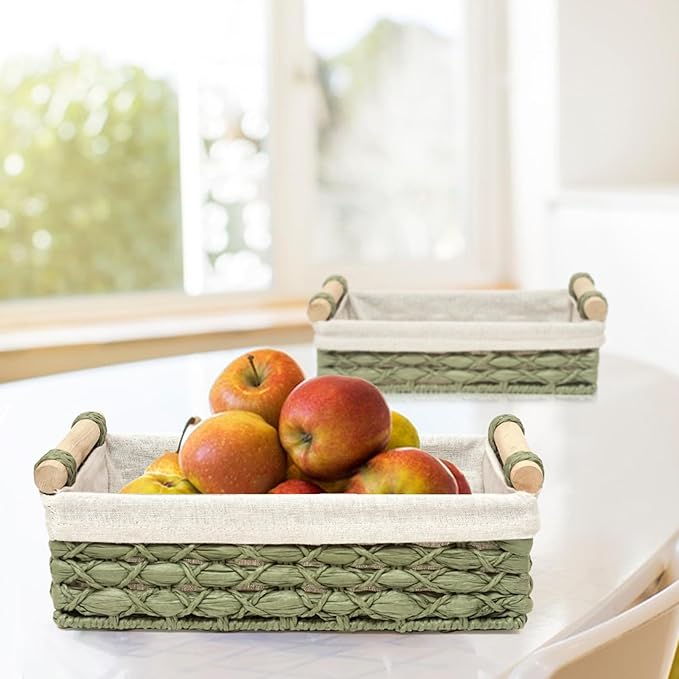 Storage Basket Wicker Baskets for Organizing with Handle Decorative Storage Bins for Countertop Toilet Paper Storage Basket for Toilet Tank Top Small Baskets Set (Set of 2,Green)