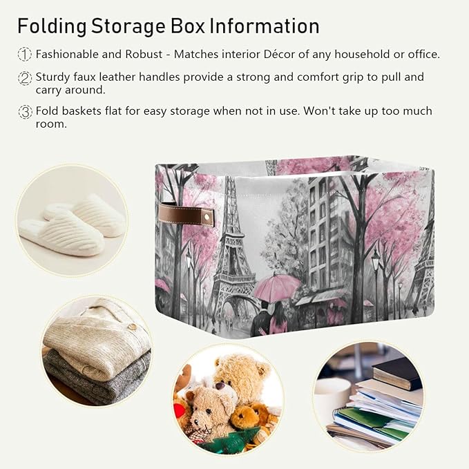 Storage Basket Pink Paris Tower Storage Bin Cube with Handles Foldable Storage Baskets for Shelves Living Room Home Decor 1PC