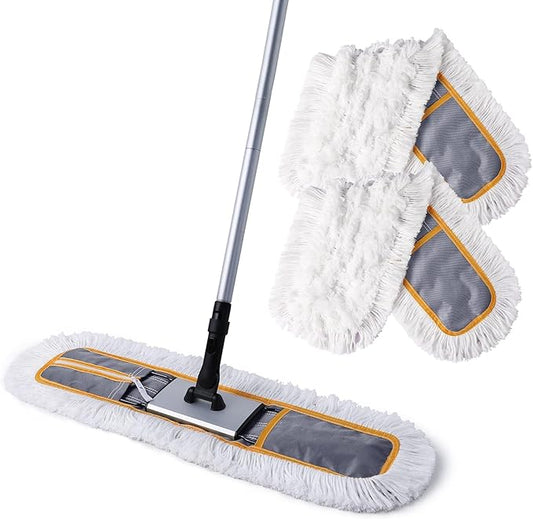 24" Commercial Dust Mop for Floor Cleaning, Heavy Duty Sweeper Broom with 2 Microfiber Mop Pads, Wet and Dry Duster Sweeper Broom for Marble, Laminate, Hardwood Floor Cleaning ,Grey