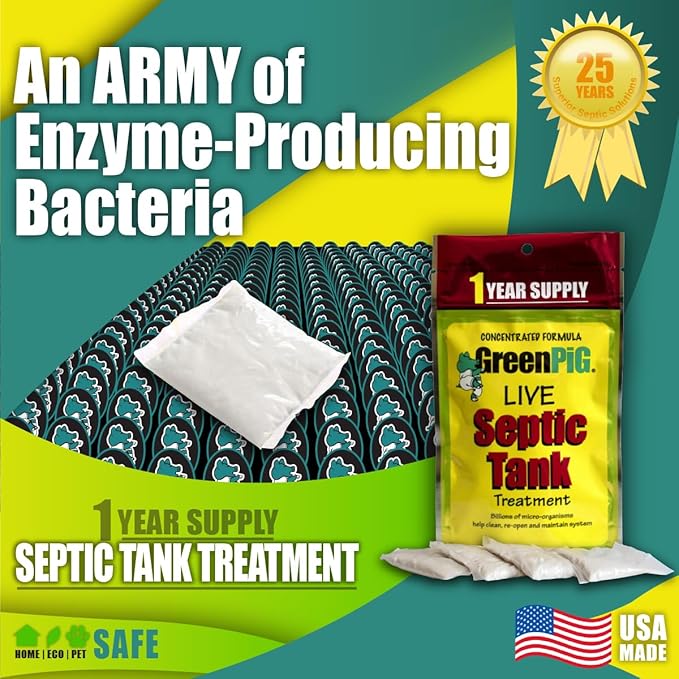 Green Pig Septic Tank Treatment Packets – Septic-Safe Enzyme Treatment for Preventative Maintenance, Helps Prevent Clogs & Odors, 1-Year Supply (4 Packets)