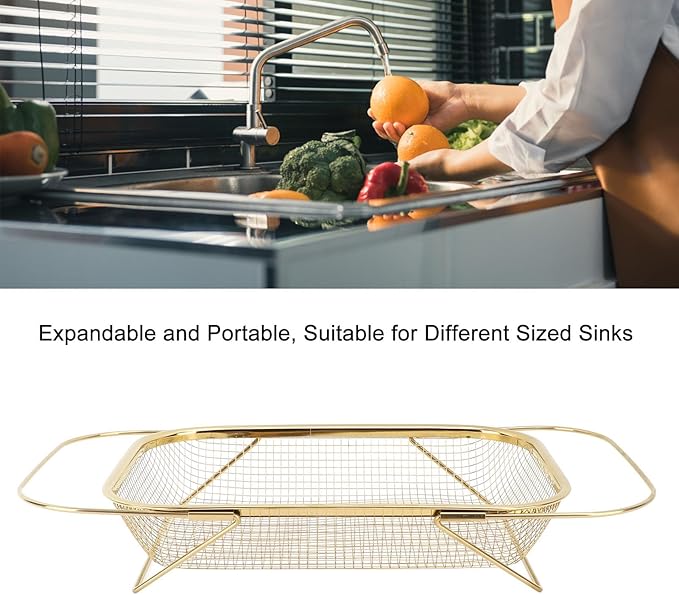 Over The Sink Colander, Rectangle Stainless Steel Over The Sink Strainer Basket For Kitchen Sink with Handles Fine Mesh Expandable Handy Kitchen Tool Kitchen Essentials (Gold)