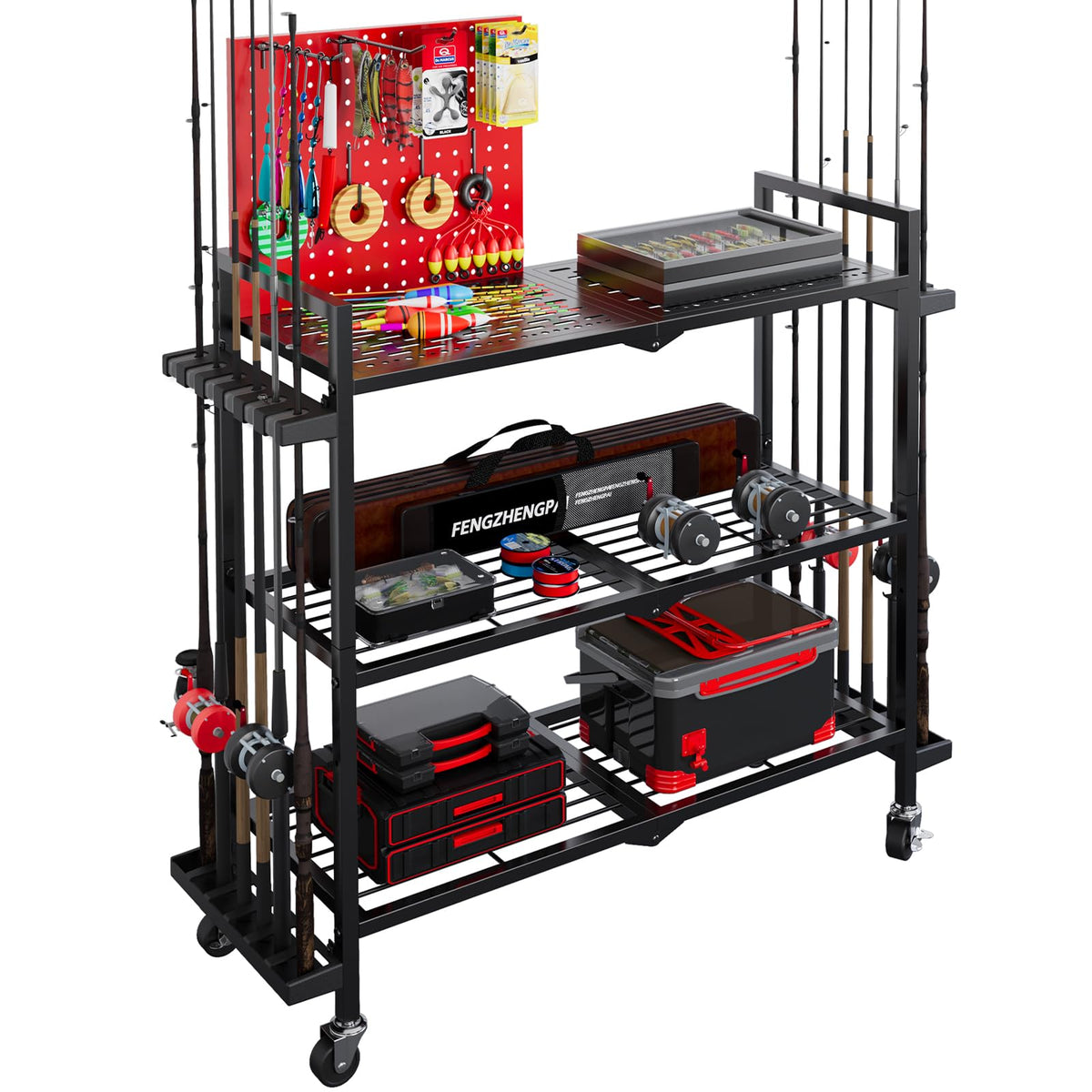 Fishing Rod Holders for Garage, 12-Slot Rolling Pegboard Cart - Image 1