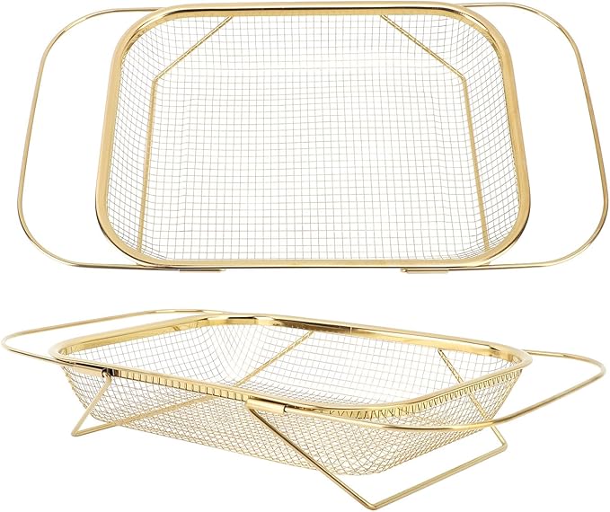 Over The Sink Colander, Rectangle Stainless Steel Over The Sink Strainer Basket For Kitchen Sink with Handles Fine Mesh Expandable Handy Kitchen Tool Kitchen Essentials (Gold)
