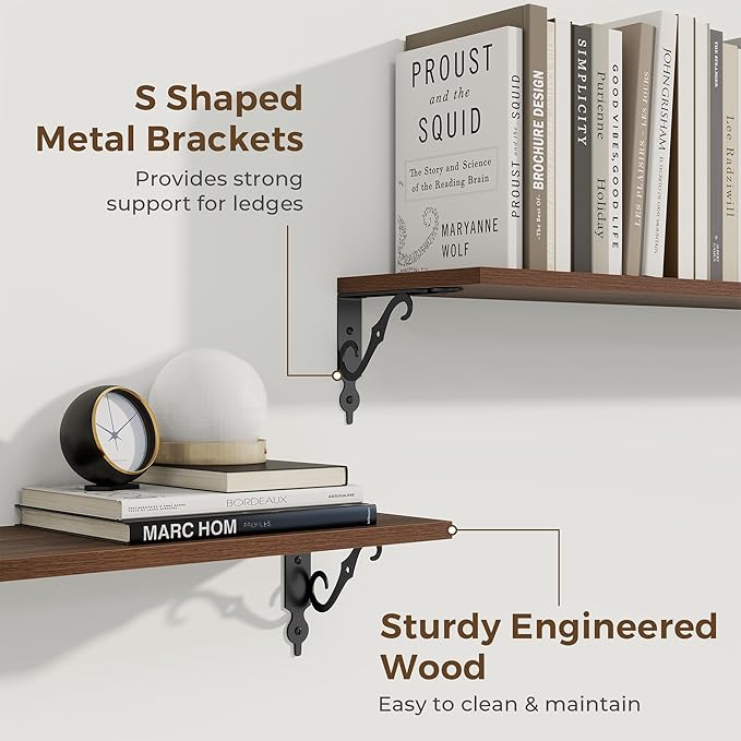 RICHFOCUS Floating Shelves for Wall Decor, 31.5W x 8D Shelves Set of 2, 8" Deep Rustic Wood Floating Shelves Wall Mounted with Metal Brackets, Shelves for Living Room Bedroom Kitchen, Walnut