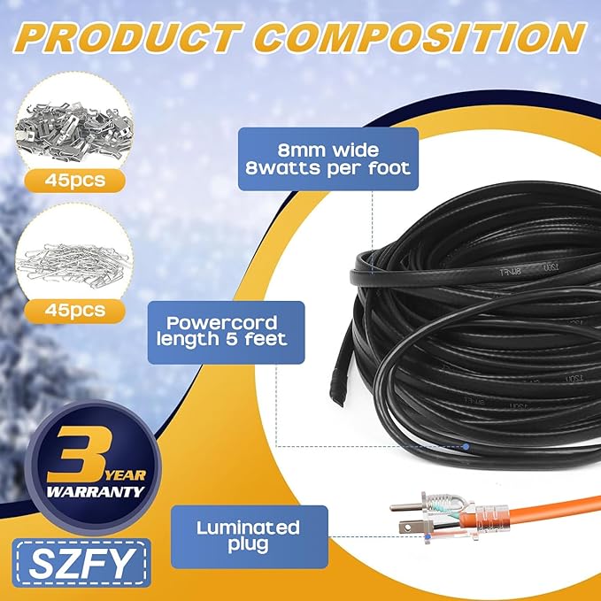 3FT~200FT Heat Tape for Water Pipes, -40°F Deicing Cable,Pipe Heat Cables for Roof,Gutter，Farm，Freeze Protetion Heating Wires, Heated Water Hose,Plumbing Fixtures,120V 5W/FT (140FT)