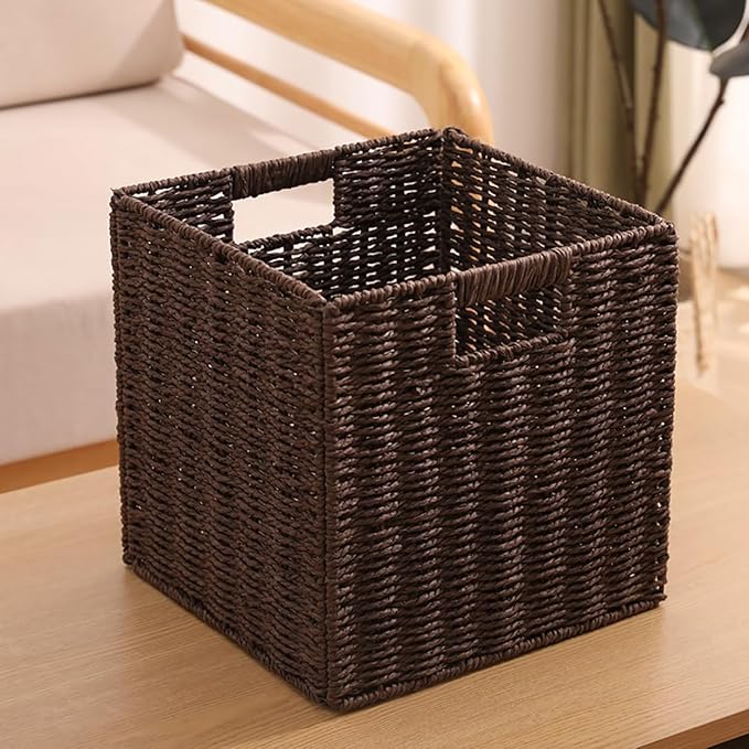10.5x10.5in Storage Baskets 1Pcs Paper Rope Woven Baskets,Foldable Handwoven Storage Cubes,Wicker Cube Baskets Laundry Organizer Totes for Bathroom, Bedroom, Laundry, Pantry, Shelves