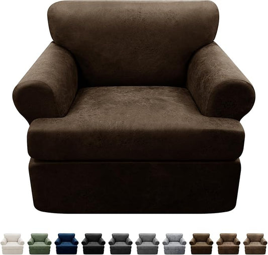 2-Pieces T Cushion Armchair Slipcovers Leather Look Couch Cover Chair Covers Stretch Furniture Protector Sofa Cover with 1 Individual T Cushion Seat Cover Slipcover Sets Washable, Coffee