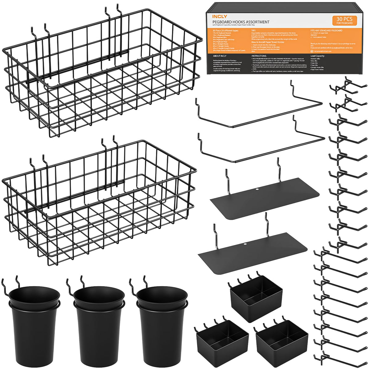 INCLY 30PCS Peg Board Organizer Accessories Kit with Bins - Image 1
