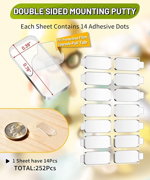 Upgraded Large Mounting Putty No Residue with Pull Tab, Double Sided Tape Adhesive Dots Clear Museum Sticky Tack, Picture Hanging Strips Fixed Decor Art Craft Party, 0.39 x 0.78 in (252 Pcs)