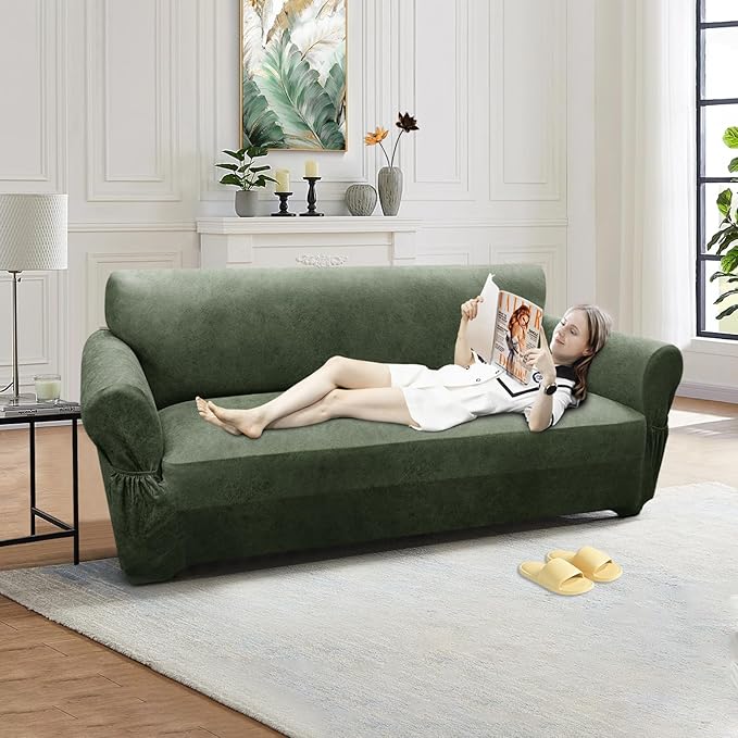 Loveseat Sofa Slipcover Leather Look Couch Covers for 2 Seater Couch Sofa 1-Piece Sofa Cover Stretch Furniture Protector with Elastic Bottom & Pockets(Loveseat, Army Green)