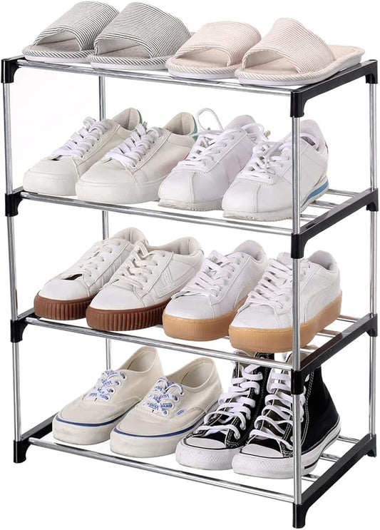 Stackable Small Shoe Rack, Entryway, Hallway and Closet Space Saving Storage and Organization (4-Tier, Black)