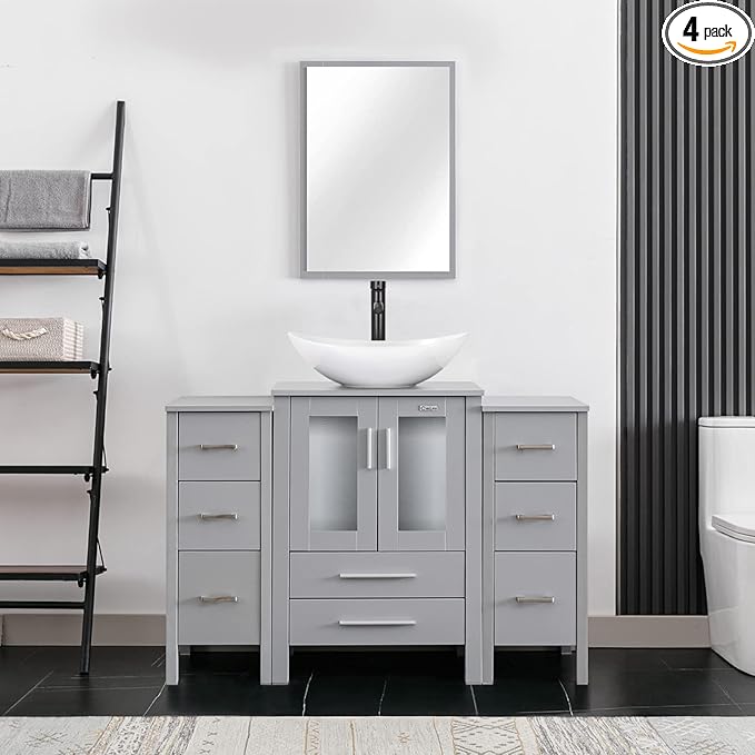 eclife 48" Modern Bathroom Vanity Sink Combo Freestanding Cabinet with Small Side Cabinet, White Boat Ceramic Vessel Sink, Water Save Faucet, Drain (Gray+T44)