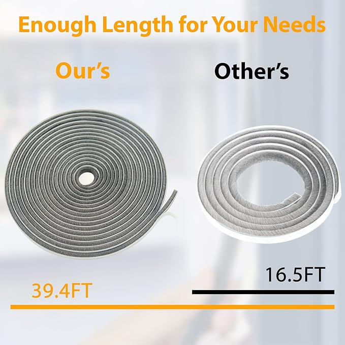 Bruiefpap 39.4FT Weather Stripping for Doors and Windows, Self-Adhesive Window Insulation for Winter, Weatherstrip for Draft Stopper, Soundproofing, Dustproof, 0.35'' Wide x 0.2'' Thick, Grey