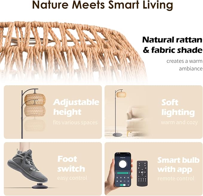 Boho Rattan Floor Lamp with Shade – 12W Bright Dimmable LED Bulb, Remote Control 3 Color Temperatures, Modern Farmhouse Handwoven Arc Standing Light for Living Room Bedroom