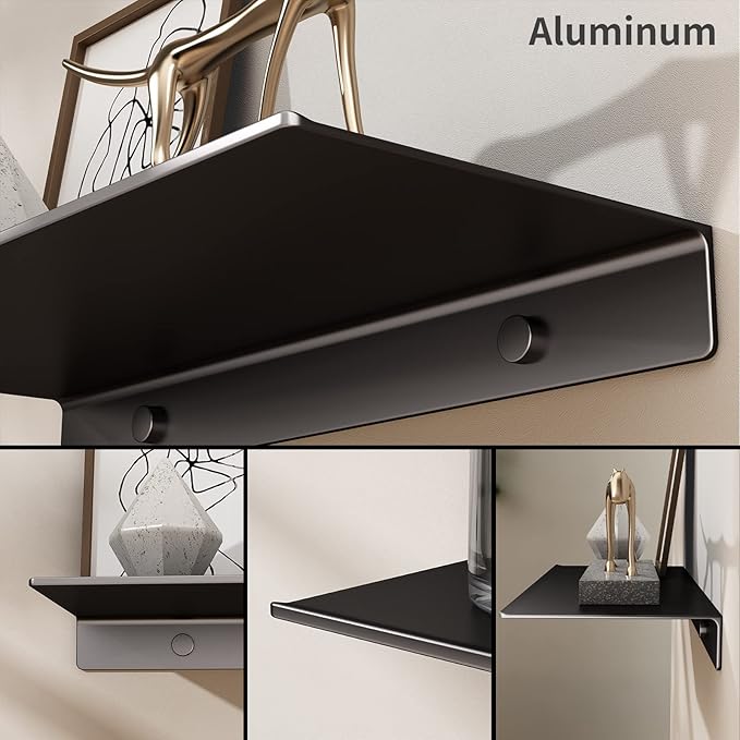 Danpoo Black Floating Shelves for Wall Storage, Metal Wall Shelves for Living Room, Bathroom, Kitchen, 16” Display Shelves for Collectibles(2 PCS)
