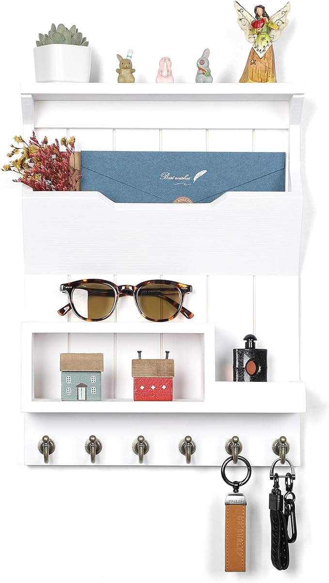 Key Holder for Wall, Mail Organizer Wall Mounted, Mail and Key Holder with 6 Key Hooks for Home Decor, Pine Wood White