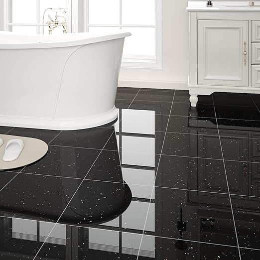 20-Pack 20 Sq.Ft Peel and Stick Floor Tiles Vinyl Glossy Pattern Flooring, 12” x 12” Self Adhesive Vinyl Flooring DIY for Kitchen, Bathroom, Laundry, Polish Black Galaxy Marble