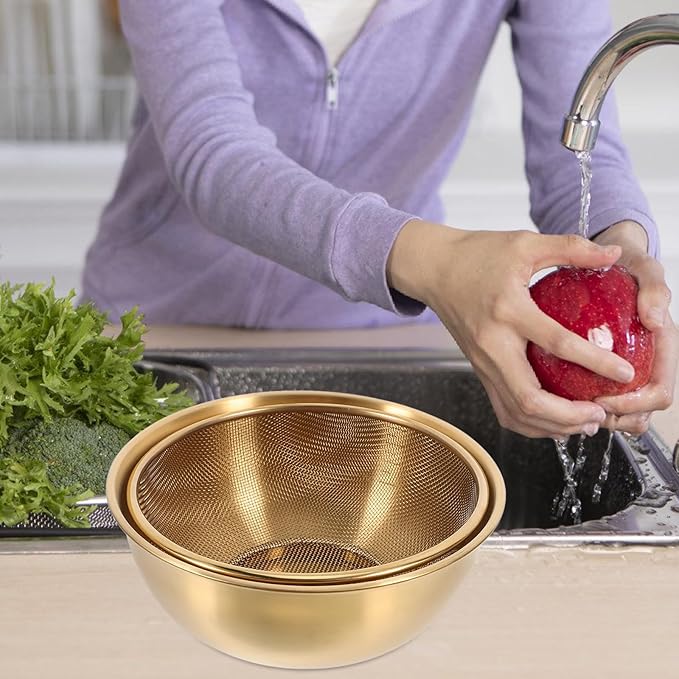 Luxshiny Stainless Steel Colander Basket with Fine Mesh Strainer and Basin for Washing Vegetables Fruits and Rice Kitchen Sink Organizer Tool