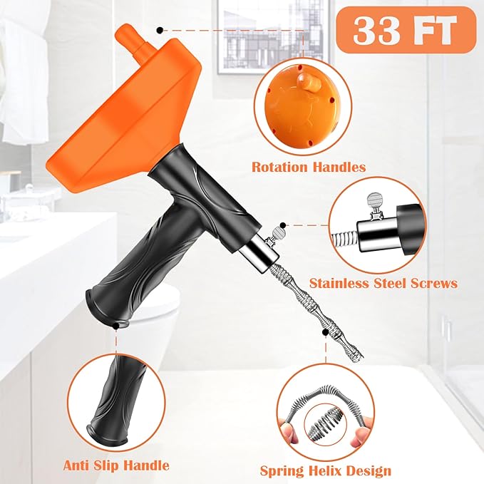 Drain Snake Auger 33 Ft, Heavy Duty Plumbing Snake for Sink, Tub, and Shower, Clog Remover Drain Cleaner Tool with Gloves