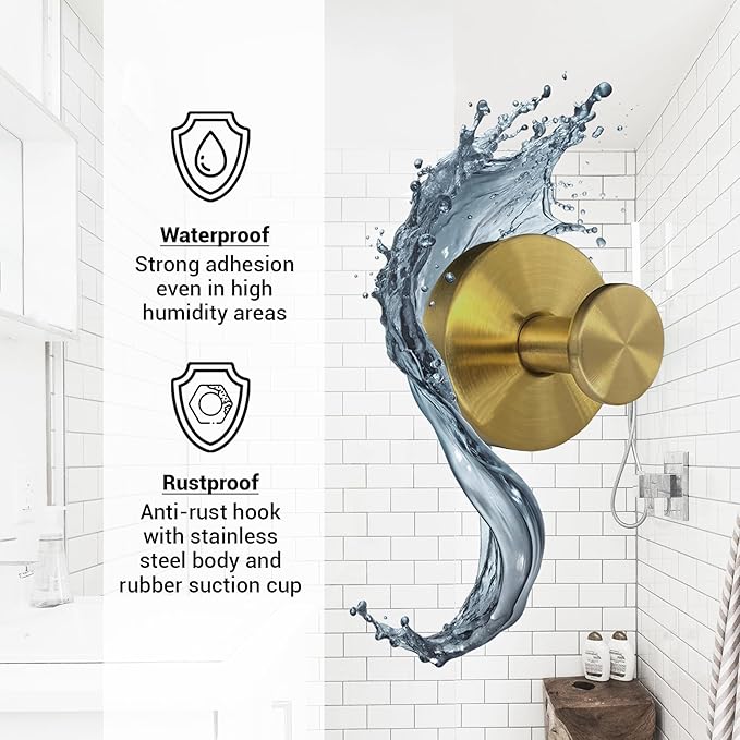 Suction Cup Hooks for Shower - 4 Pack, Gold - Stainless Steel, Strong Suction, No Drill, Removable Hanger, Tile Bathroom Kitchen Wall, Glass Door, Mirror Hook Hanging Robe, Towel Holder
