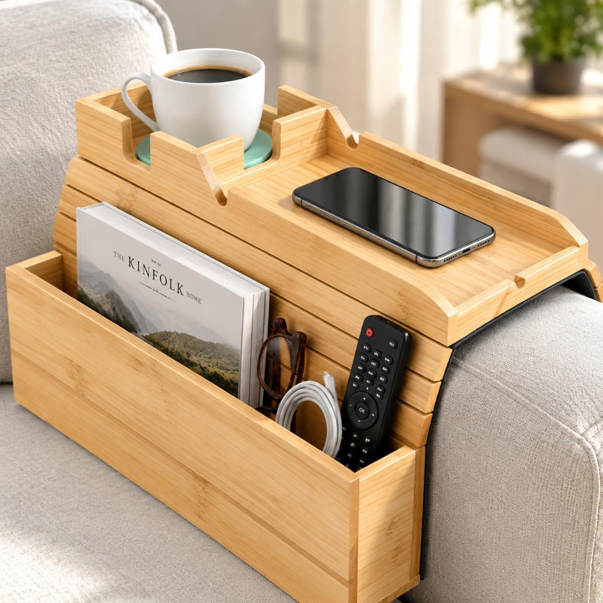 Bamboo Sofa Armrest Tray with Storage Pocket - Image 1