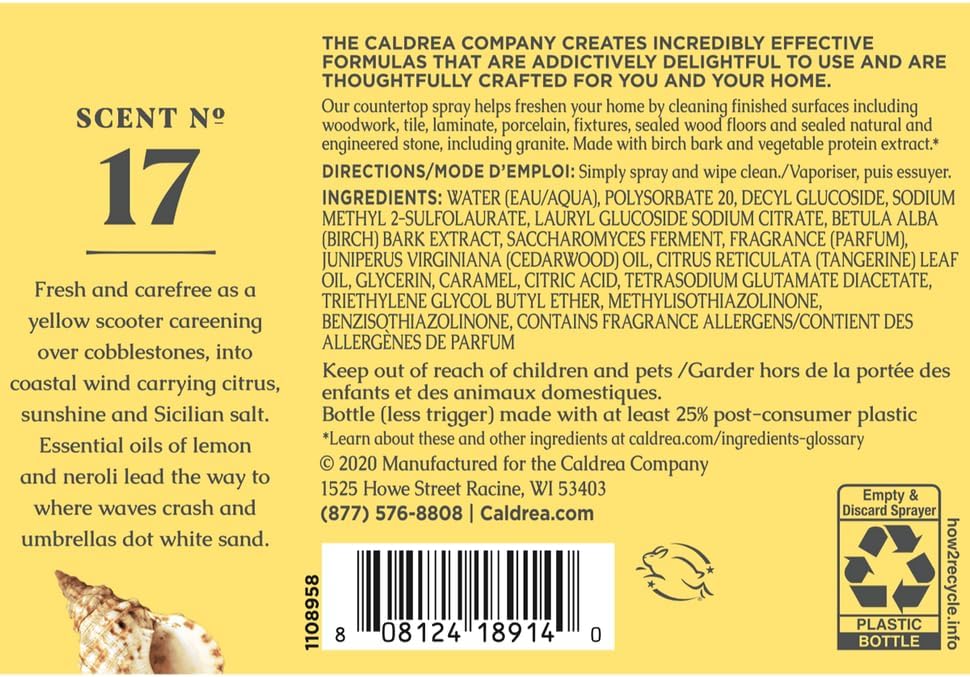 Caldrea Multi-surface Countertop Spray Cleaner, Made with Vegetable Protein Extract, Sea Salt Neroli Scent, 16 oz