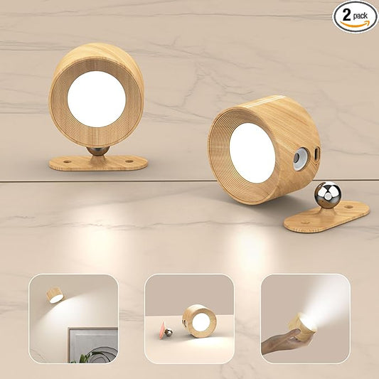 2Pack Battery Operated Wall Sconce, 3 Color Modes 3 Brightness Levels 360°Rotation Lighting Touch Control, Wall Mounted Lamp LED Wall Lights for Bedroom Reading Bedside, Wall Sconces Set of Two