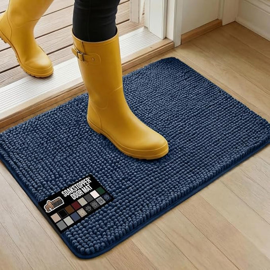 GORILLA GRIP SoakSTOPPER Dog Door Mat, Machine Washable Rug Absorbent Doormat Captures Moisture Mud Dirt, Quick Dry Soft Chenille Entryway Rugs Indoor Entrance Mats for Dog Paws, 24x17 Navy Blue
