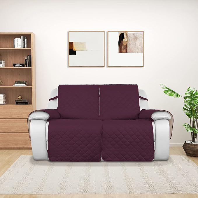 PureFit Water Resistant Reversible Sofa Covers for Reclining Sofa 2 Seat - Non Slip Split Recliner Couch Cover for Double Recliner, Washable Furniture Protector for Kids, Dogs (2 Seat, Wine/Beige)