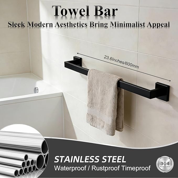 Bathroom Hardware Set 10 Piece Matte Black Bathroom Accessories Set SUS304 Towel Bar Set Includes 2 Towel Bar 24 Inch+2 Towel Holder+2 Toilet Paper Holder+4 Towel Hooks(10, Matte Black)