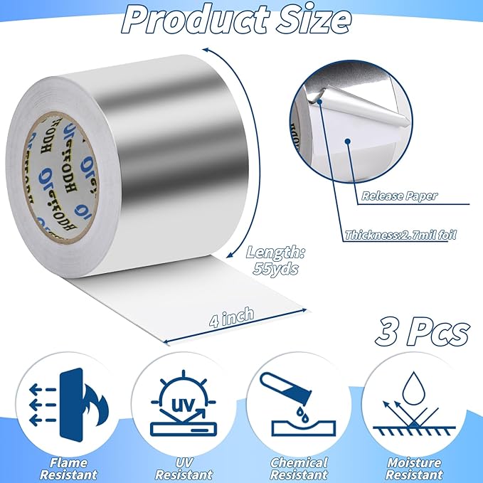 3 Pack Aluminum Foil Tape Bulk - 4 Inch x 55 Yards - Heavy Duty Metal Duct Tape, Aluminum HVAC Tape for Sealing & Patching, Air Ducts, Insulation Metal Repair, Professional Grade