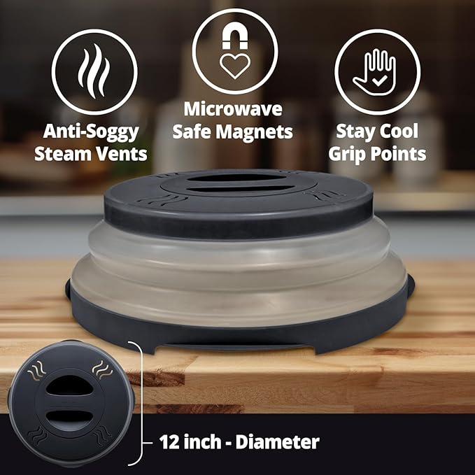 HOVER COVER High Power Magnetic Microwave Splatter Cover with Strongest Magnetic Grip, Collapsible 12-Inch BPA-Free Food Lid, Vented Plate Guard, Dishwasher Safe Space-Saving Storage - Black